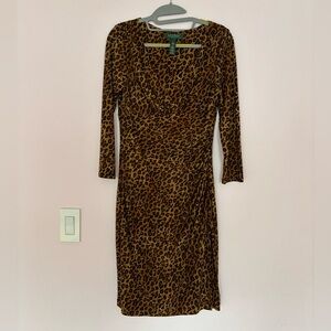 Ralph Lauren Tan Leopard Print Long Sleeve Dress
